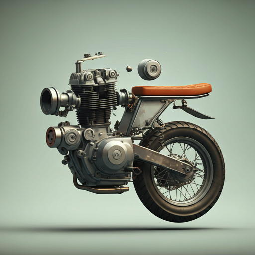 Infografía animada de un motor de motocicleta despiezado en 3D